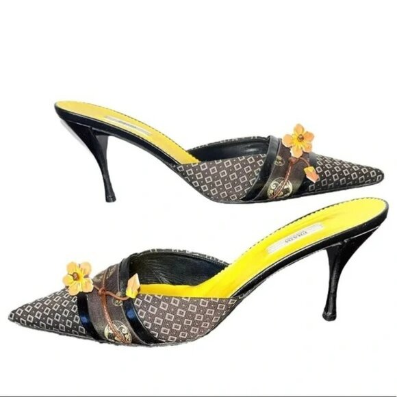 Vintage Prada Kimono Floral Pop Out Flower Kitten Heels Pointed Mules.  SZ 37.5 - Picture 6 of 7